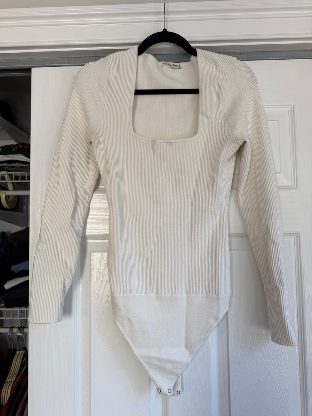Abercrombie & Fitch Ivory Ribbed Square-Neck Bodysuit Sweater